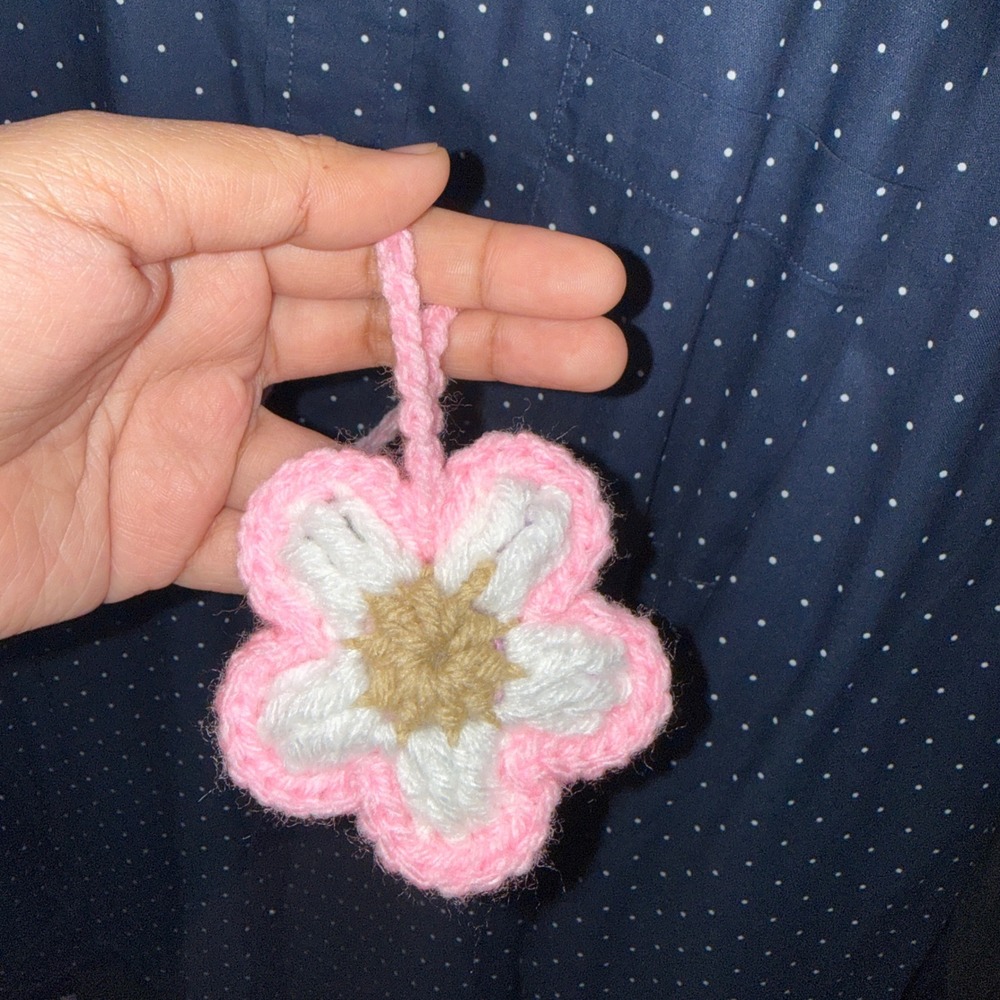 Handmade Crochet Flower Bag Charm Pink White Acrylic Yarn Floral Accessory